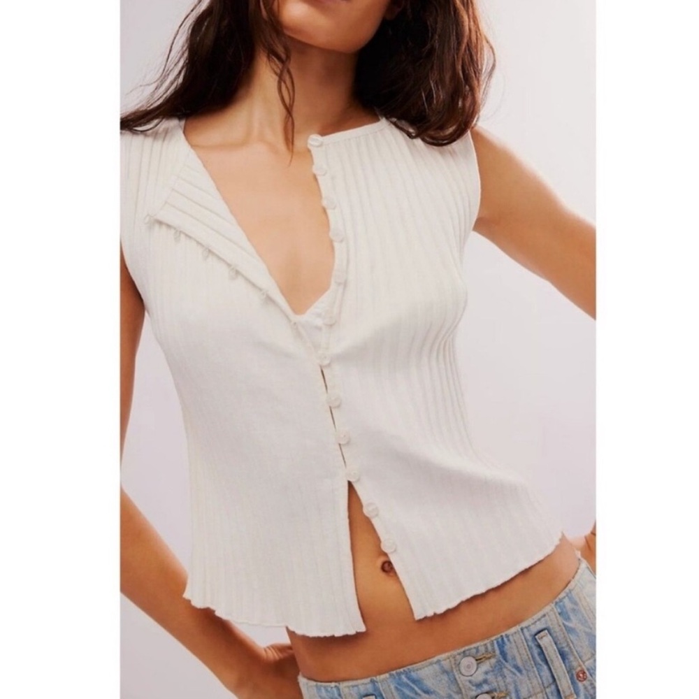 Free People Tilly Vest Knit Ribbed Buttondown Tank in White